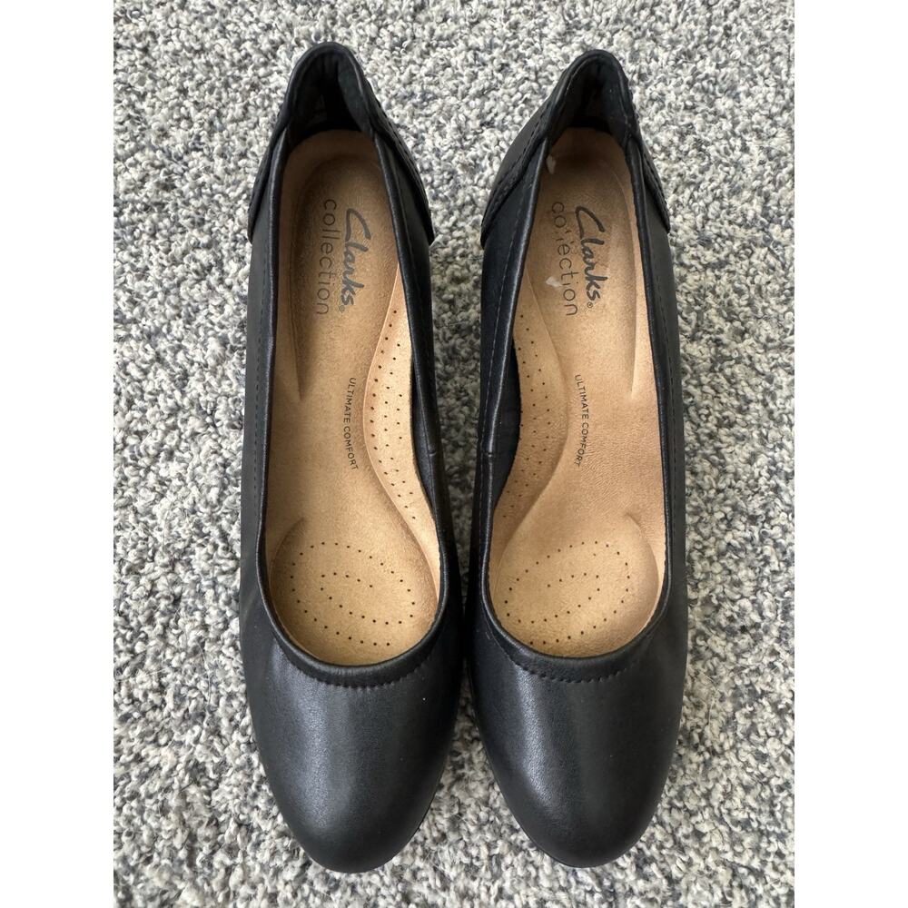 Clarks‎ Bayla Skip Slip-On Block Heel Pumps Black Leather Comfort Office Work